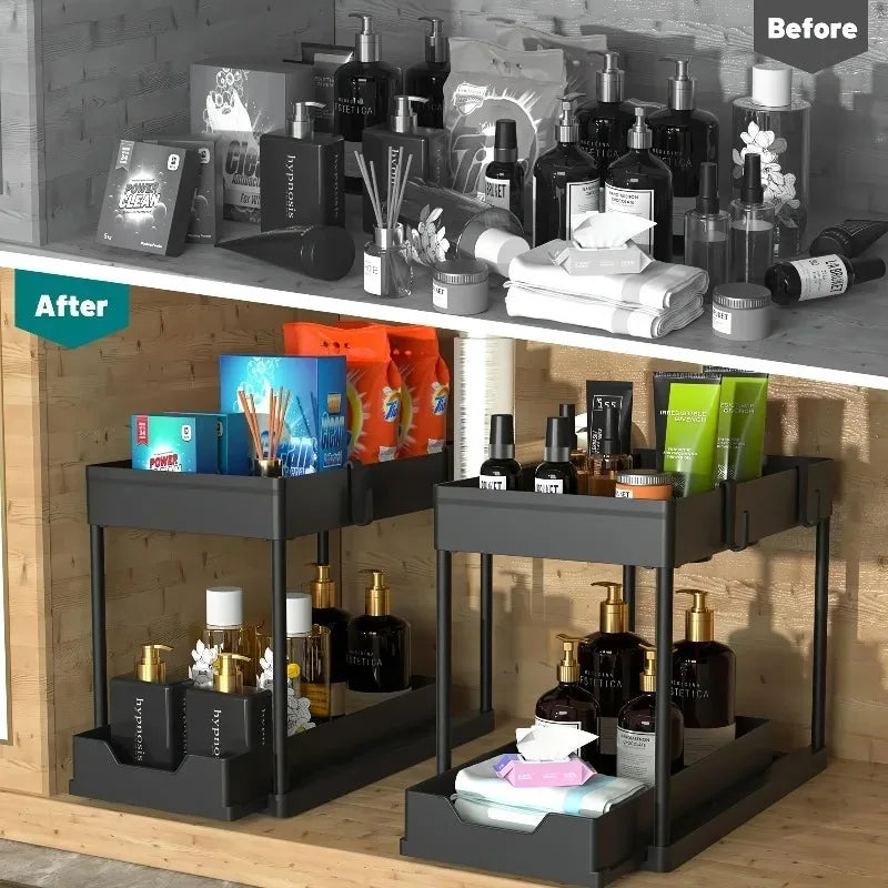 2-Tier Sliding Under Sink Organizer Pull Out Cabinet Storage Basket with Hooks Hanging Cup Kitchen Bathroom Space Saving Rack