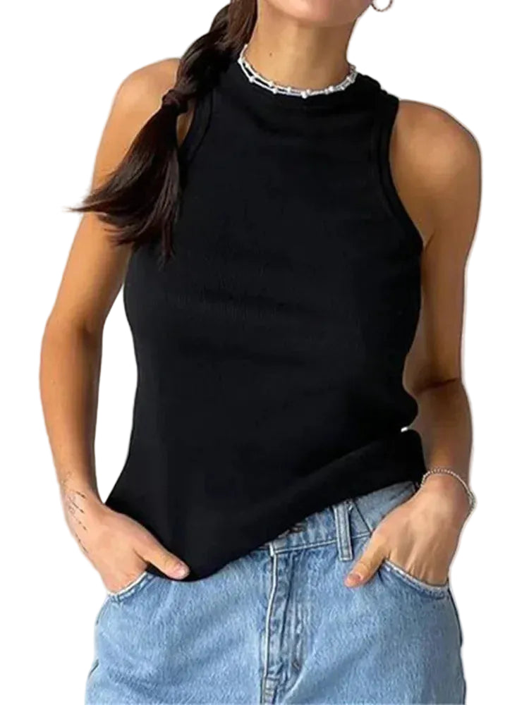 Ribbed Knit Tank Top Women – Sleeveless Summer Vest Top Black