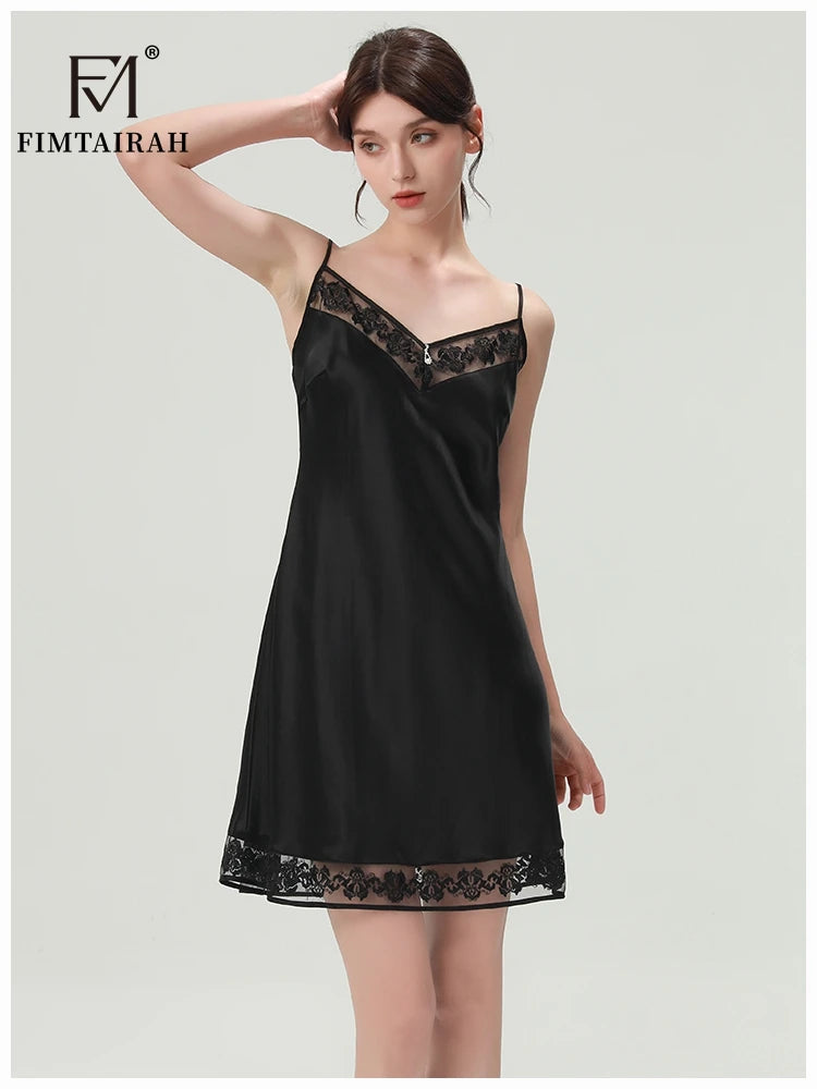 FIMTAIRAH 100% Silk Pajamas Women's Summer Nightgown Dress Summer Home Wear Lace