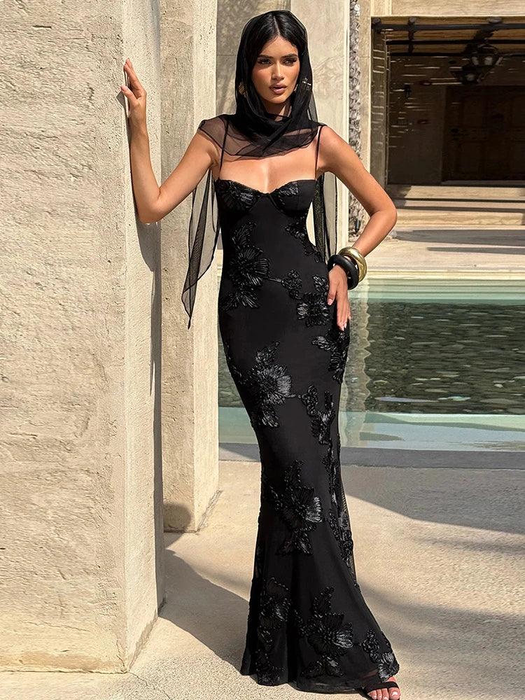 Backless Floral Embroidered Maxi Dress for Women