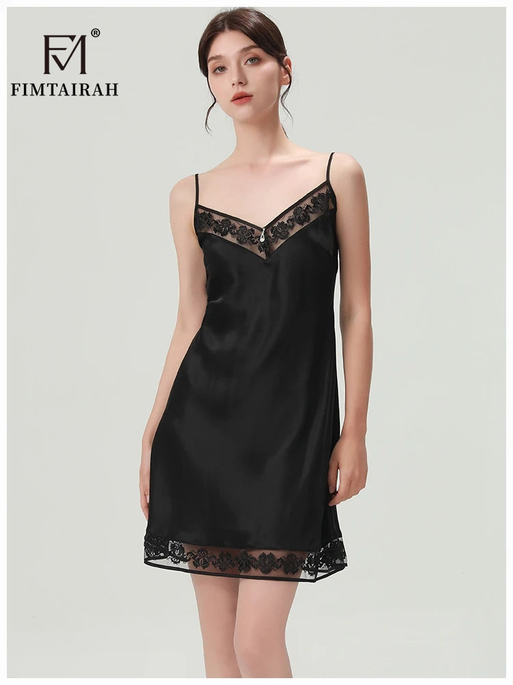 FIMTAIRAH 100% Silk Pajamas Women's Summer Nightgown Dress Summer Home Wear Lace Fimtairah 02