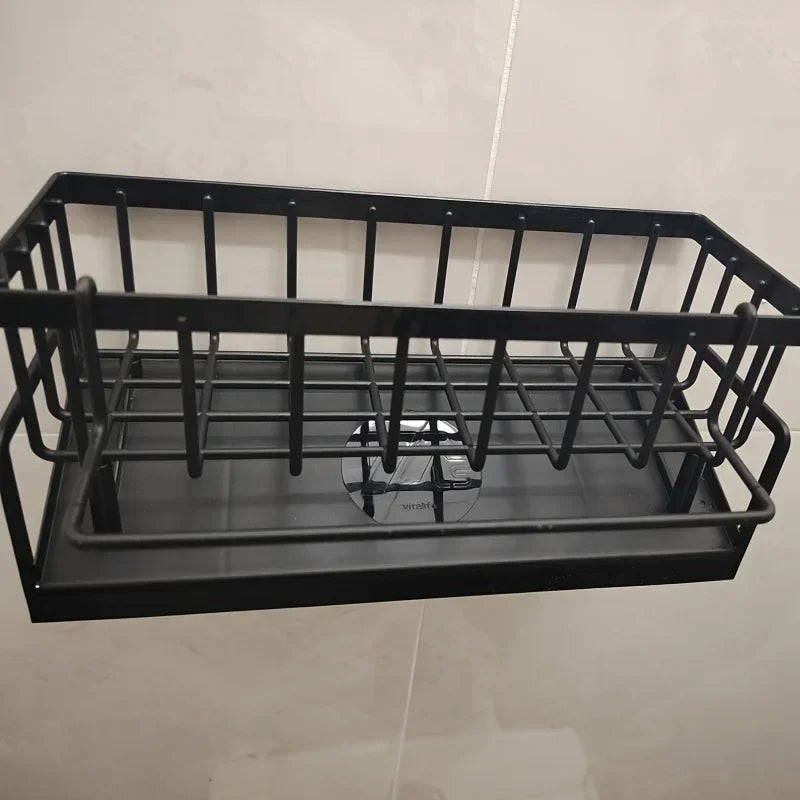 Black Kitchen Sink Caddy with Drainage Tray and Cloth Rail