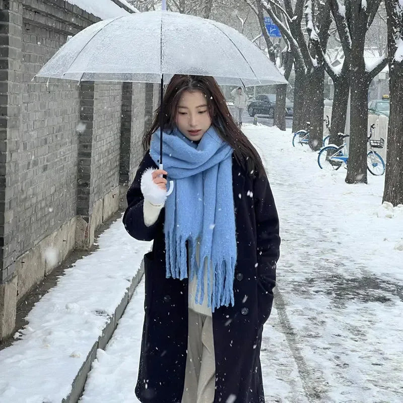 Women's Cashmere Winter Scarf – Thick Knitted Warm Shawl Small version mohair [haze Blue]]