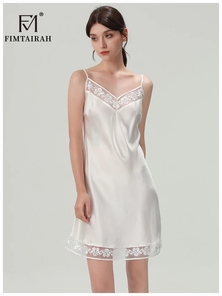FIMTAIRAH 100% Silk Pajamas Women's Summer Nightgown Dress Summer Home Wear Lace