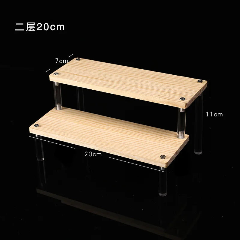 Tiered Display Stand for Figures with Clear or Wood Effect Shelves 2 tier 20x7cm