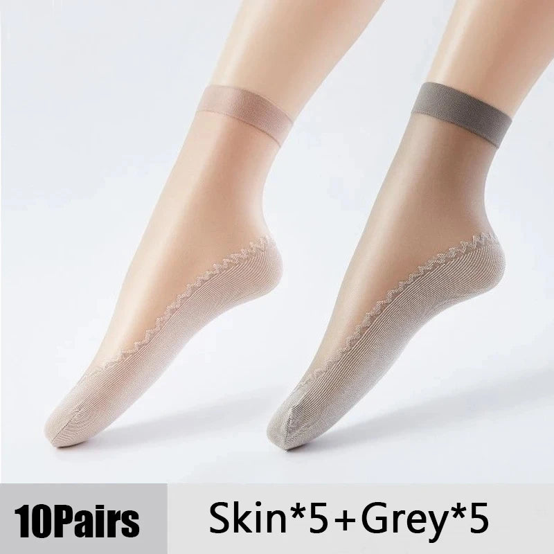 1/10Pairs Womens Anti-Slip Cotton Sock Thin Socks Casual Non-Slip Bottom Splice Spring-Autumn Transparent Ladies Breathable Sock 5Skin 5Grey One Size