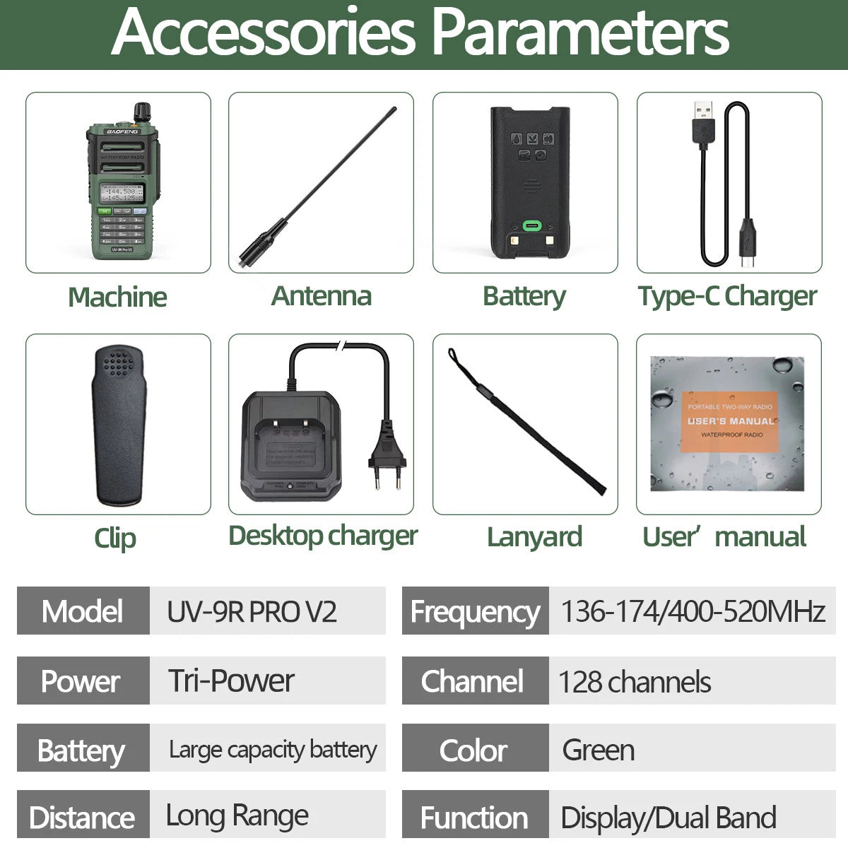 Baofeng UV 9R Pro V2 IP68 Waterproof Walkie Talkie Tri-Power Type-C Charger Dual Band Ham CB Radio Two Way Radio of UV 9R Plus