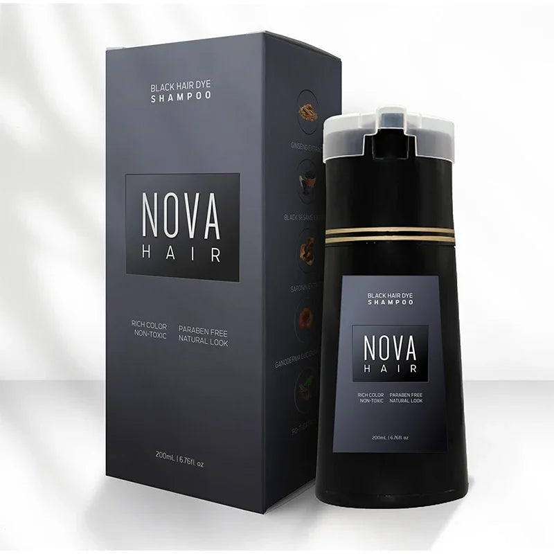 Nova 3-in-1 Black Hair Dye Shampoo for Men & Women – Instant Gray Coverage, Long-Lasting Natural Black Color
