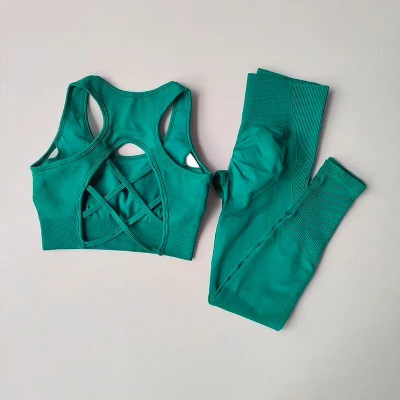 2PCS Sports Bra Women's Set Professional Fitness Tank Top Bra Shockproof Running Leggings Yoga Suit Beautiful Back Bra Clothing MO green China Mainland