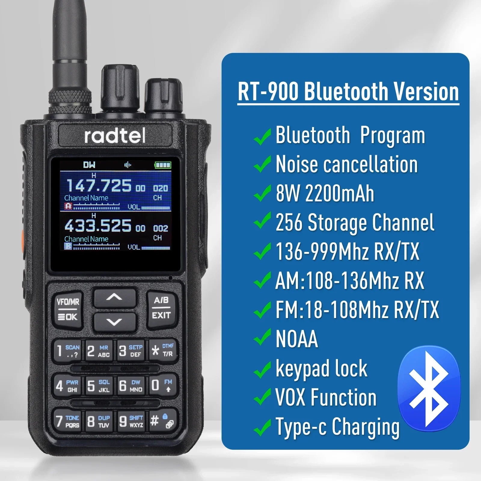 Radtel RT-900 8W Full band Ham Radio Walkie Talkie 256CH Air Band Two Way Radio Station Aviation NOAA Police Marine River PTT - Dicrodelights