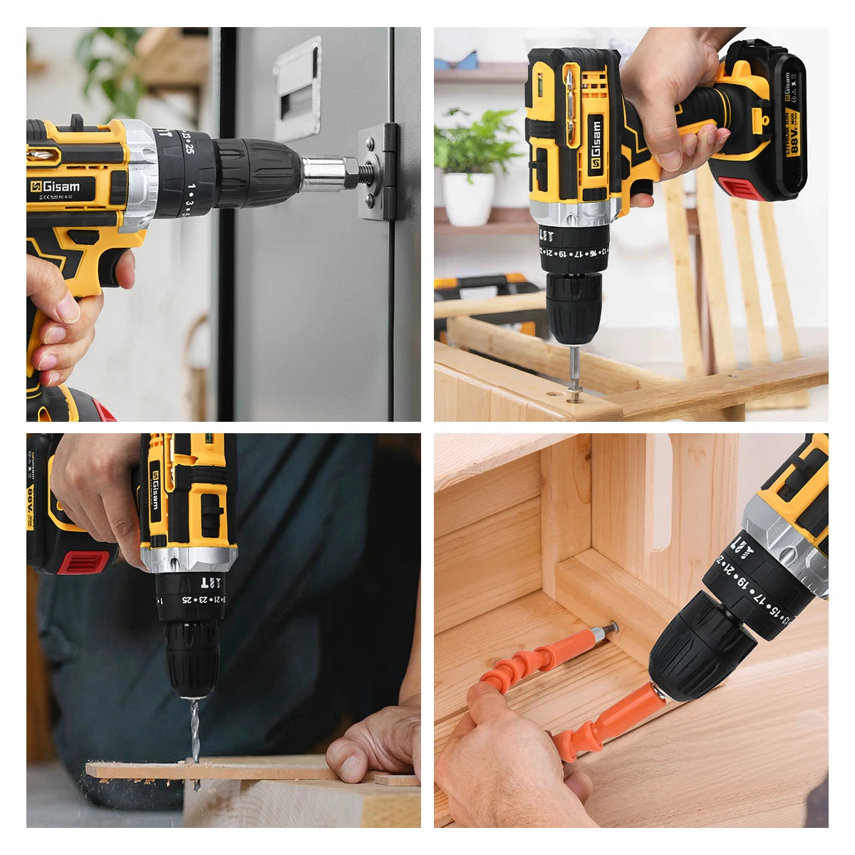 Gisam 25+3 Torque Electric Impact Screwdriver Multifunctional Cordless Drill Power Tool Setting 2 Gear Speed with 2 Batteries