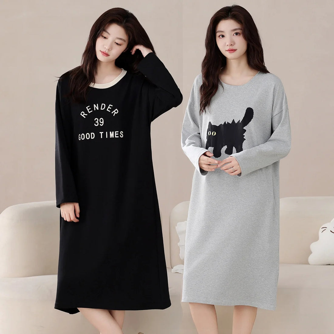 100% Pure Cotton Sleep Dress Women's Spring Autumn Long Sleeve Loose plus Size Home Dress Cute Cartoon All Cotton Sleepwear D...