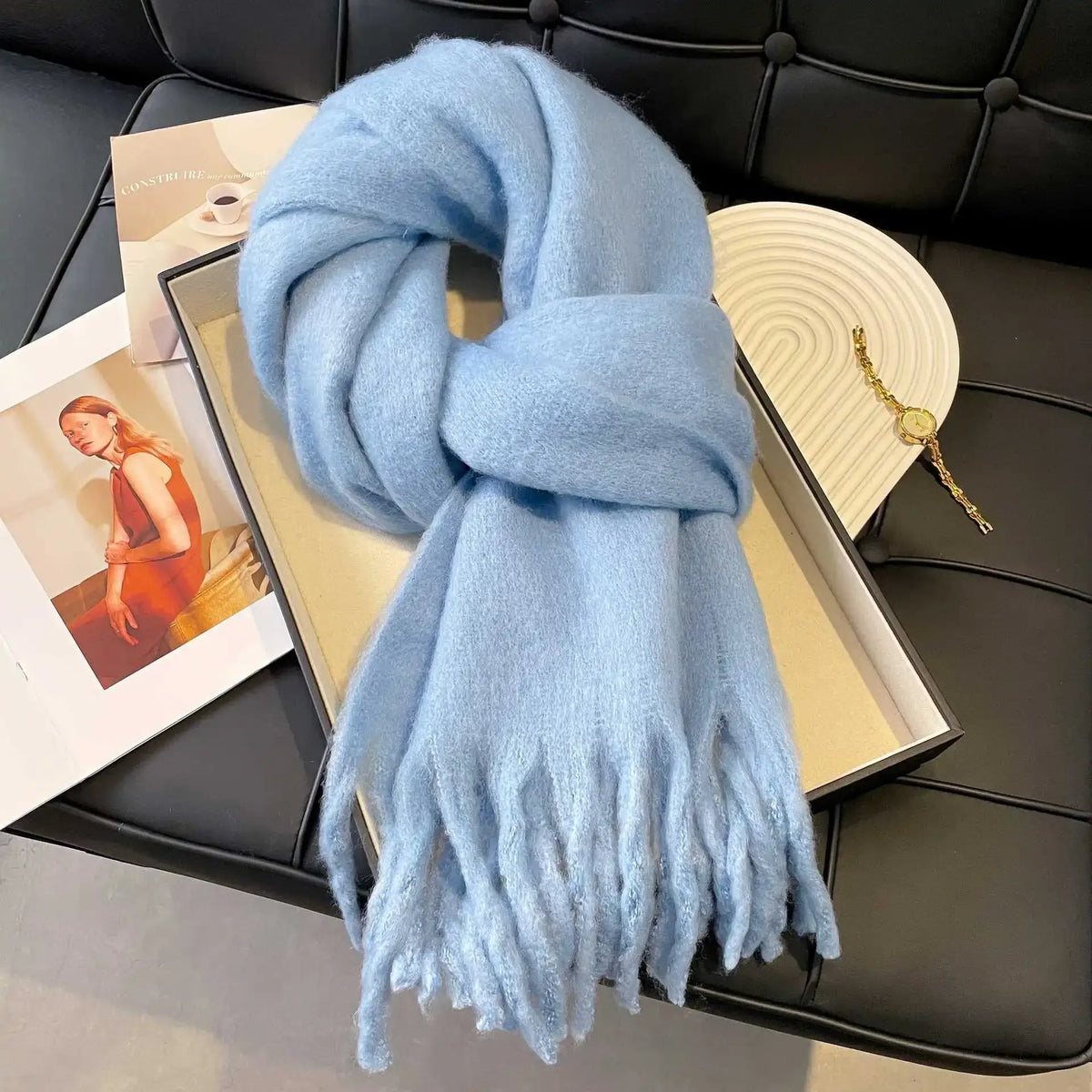 Women's Cashmere Winter Scarf – Thick Knitted Warm Shawl Large version mohair [haze Blue]]