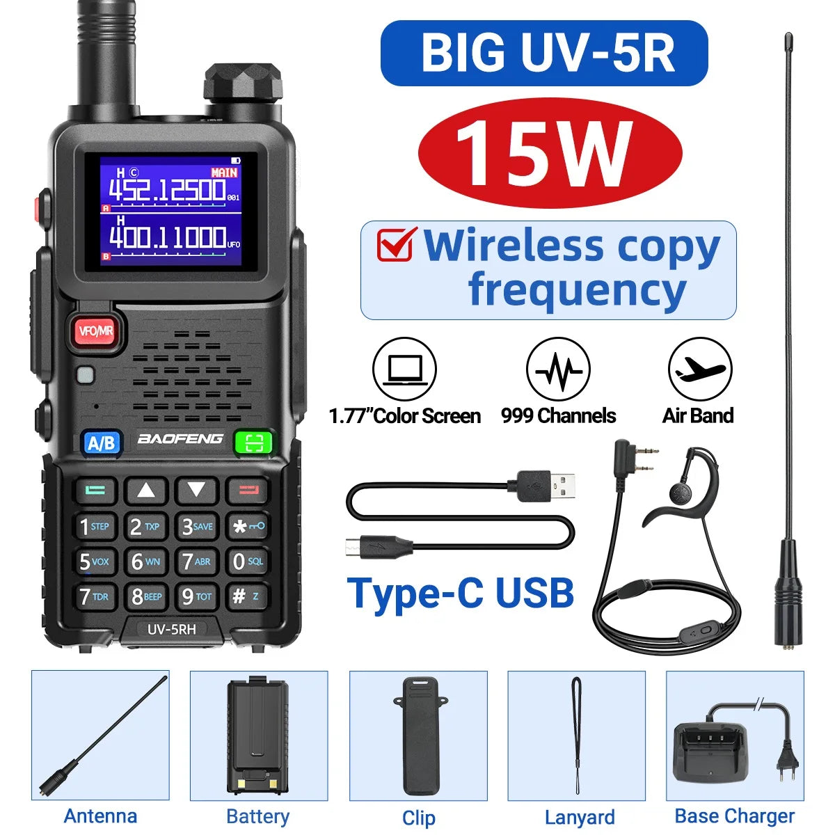 Baofeng UV-5RH 10W Walkie Talkie Long Range Ham Radio Type-C Charging Air Band Two-Way Wireless Transceiver - Dicrodelights