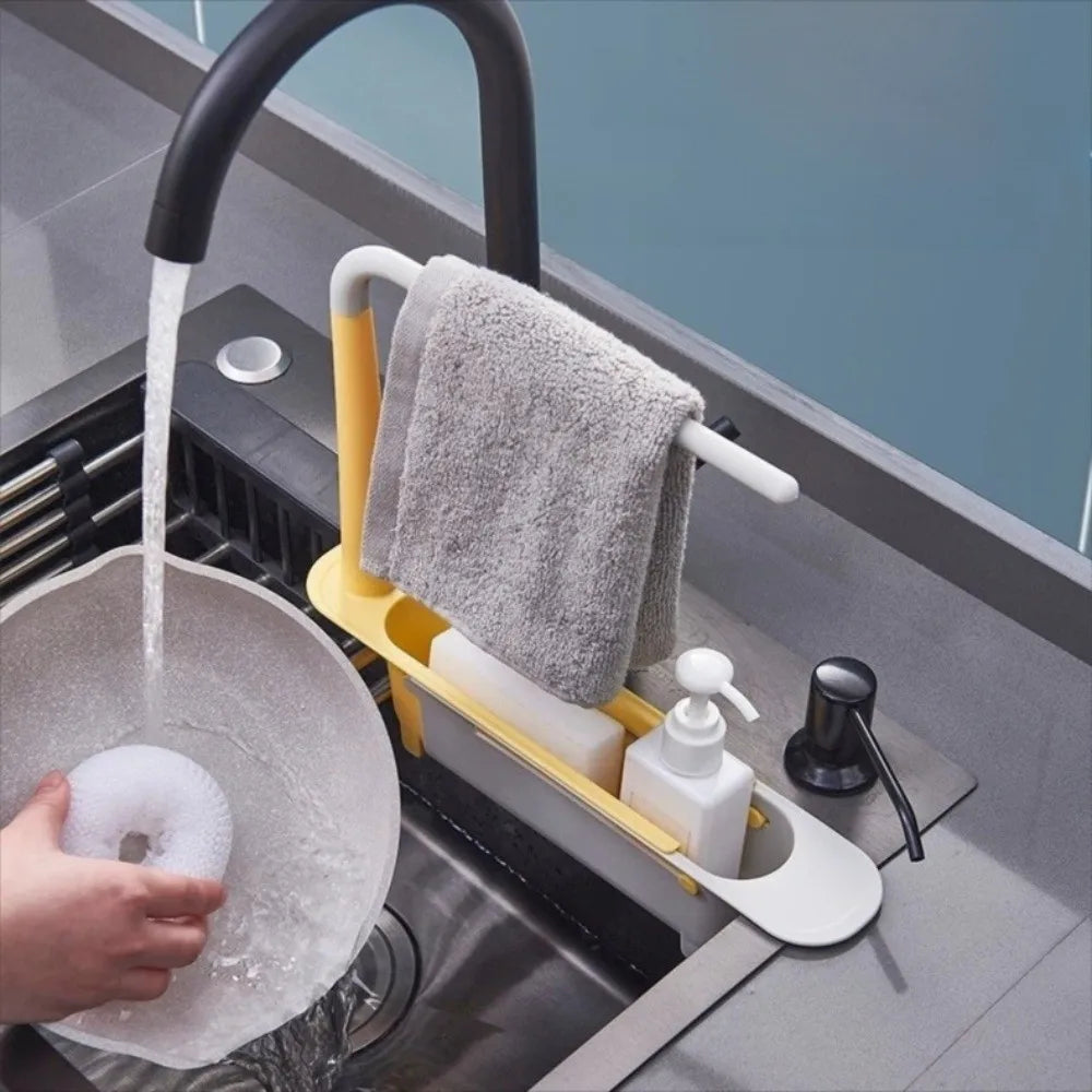 Extendable Sink Caddy with Raised Rail for Dishcloths