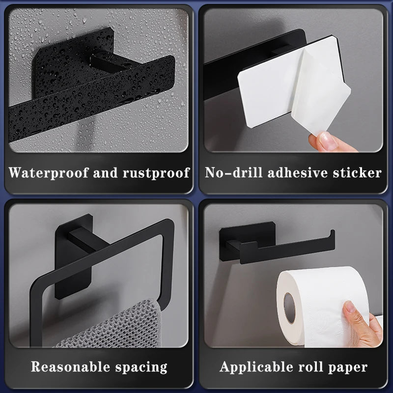 No Drilling Matte Black Bright Sliver Stainless Steel Towel Bar Towel Ring Roll Paper Holder Robe Hook Bathroom Accessories Set