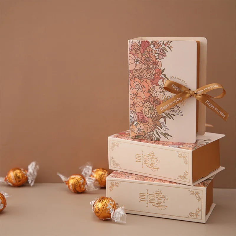 5pcs Book Shape Gift Box ith Ribbon Paperboard Candy Chocolate Present Packaging Box for Wedding Birthday Mother's Day 5pcs champagne 13cmx4.5cmx9cm