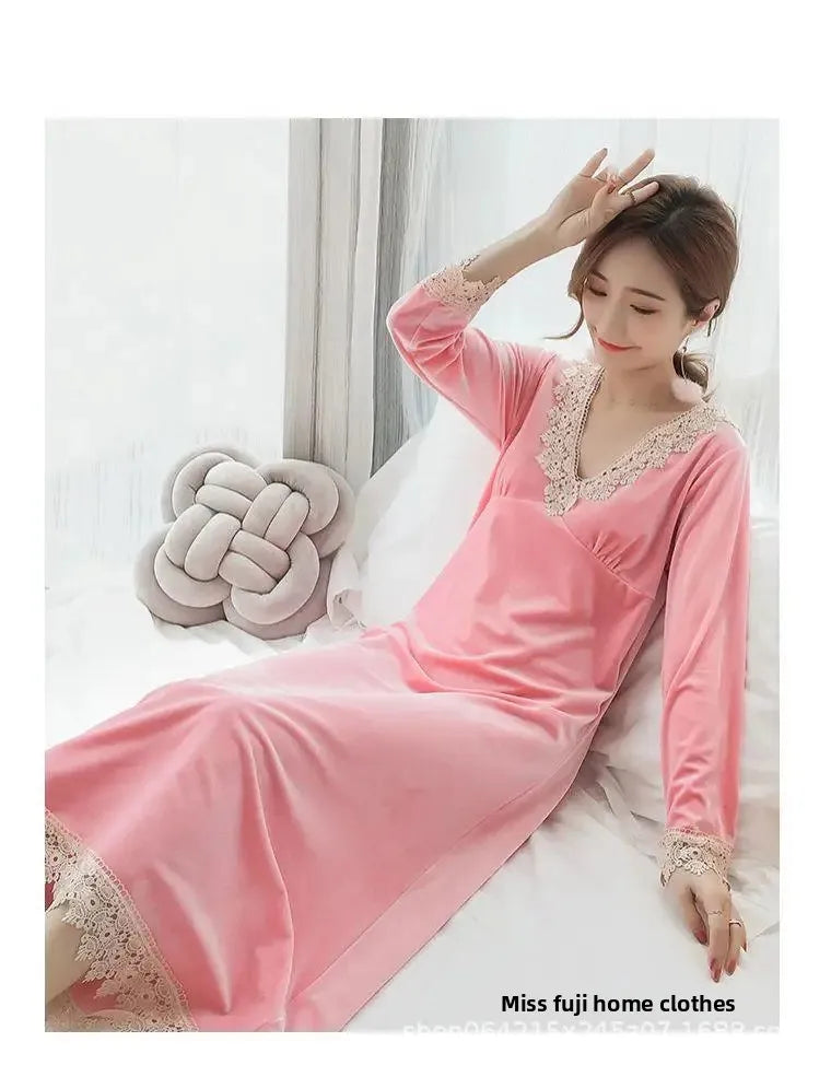 Plus Size 5XL Sleep Dress Women Winter Long Sleeve Sexy Luxury Velvet Spring Autumn Winter Style Korean Version Velvet Nightgown