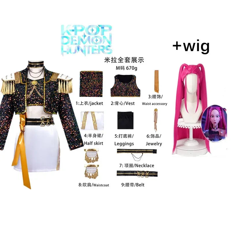 Black & Gold KPop Demon Hunter Cosplay Costume Set Mira Costume Wig