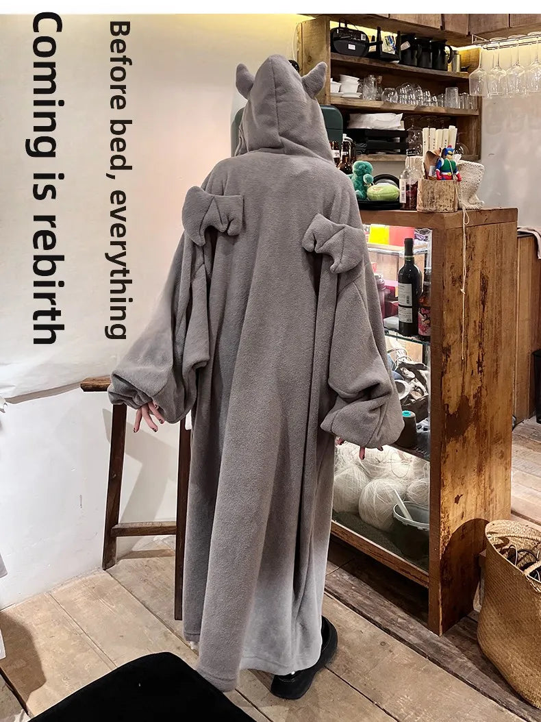 Ins Winter Thiened Coral Fce Pajamas Women's Spwear Hooded Fluffy Warm Nightgown Robe Long Sve Mid-Length Home Clo...