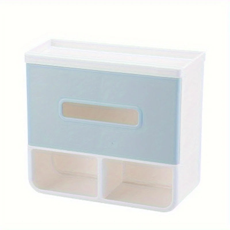 Wall-Mounted Tissue Box with Shelf and Storage Compartments Blue