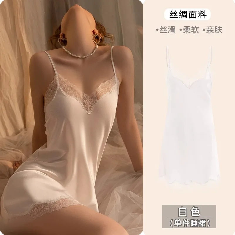 2025 Women's Lace Chemise Nightdress with Chest Pads, Ice Silk Suspender Nightgown for Autumn Winter
