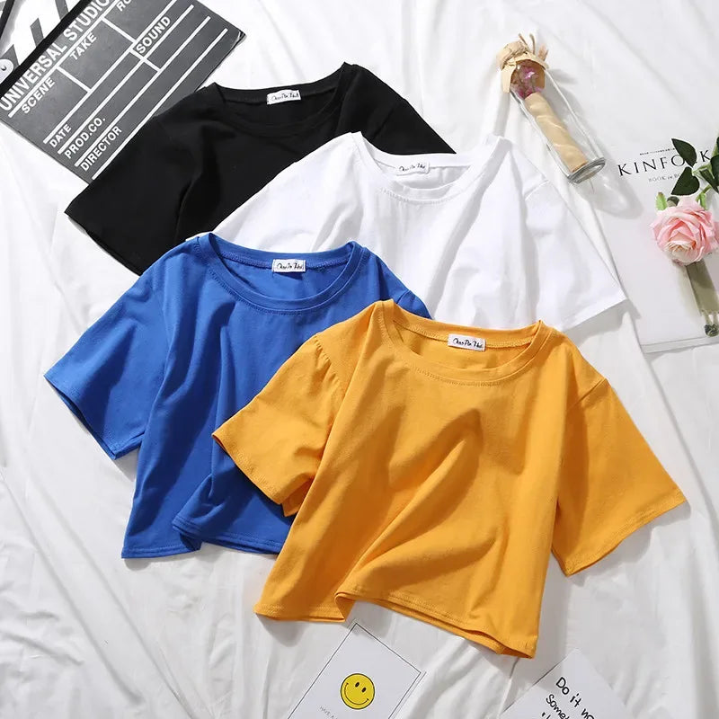 Women's Cotton Crop Top – Casual Loose O-Neck Summer Tee