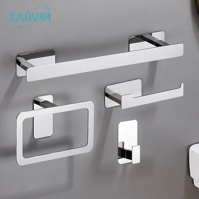 No Drilling Matte Black Bright Sliver Stainless Steel Towel Bar Towel Ring Roll Paper Holder Robe Hook Bathroom Accessories Set