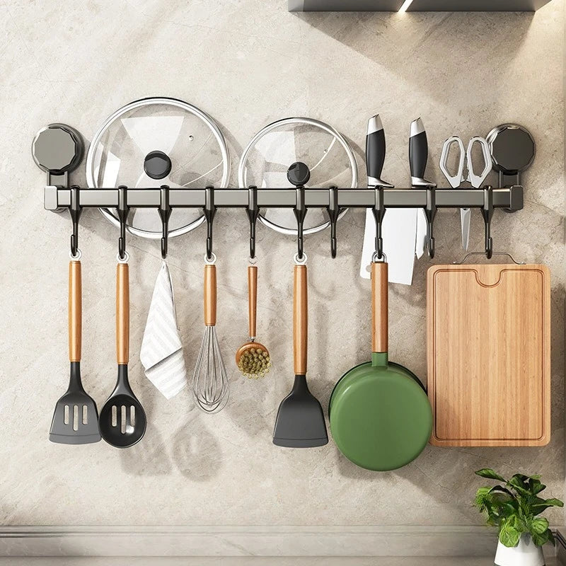 Aluminum Kitchen Organizer Hook Wall Mounted Double Pole Spatula Storage Rack 50/60/40/30cm Non Punching Pot Lid Rack