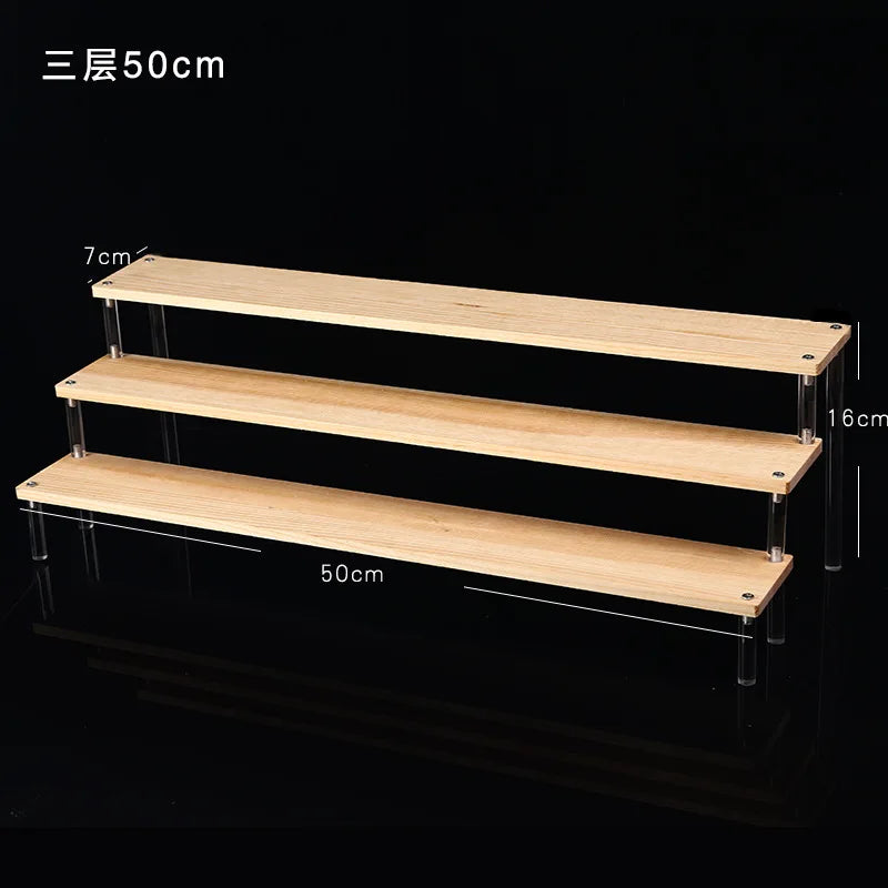 Tiered Display Stand for Figures with Clear or Wood Effect Shelves 3 tier 50x7cm