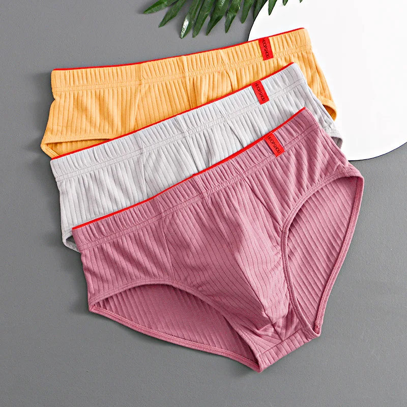 1/3PCS Men Briefs Mid Waist Elastic Soft Breathable Anti-septic U Convex Striped Solid Color Casual Men Underpants underwear men 3PC3220-3