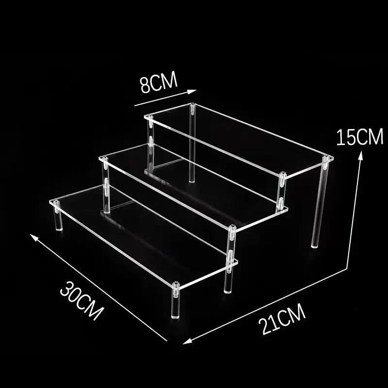 Tiered Display Stand with Clear or Wood Effect Shelves 3-30x8cm
