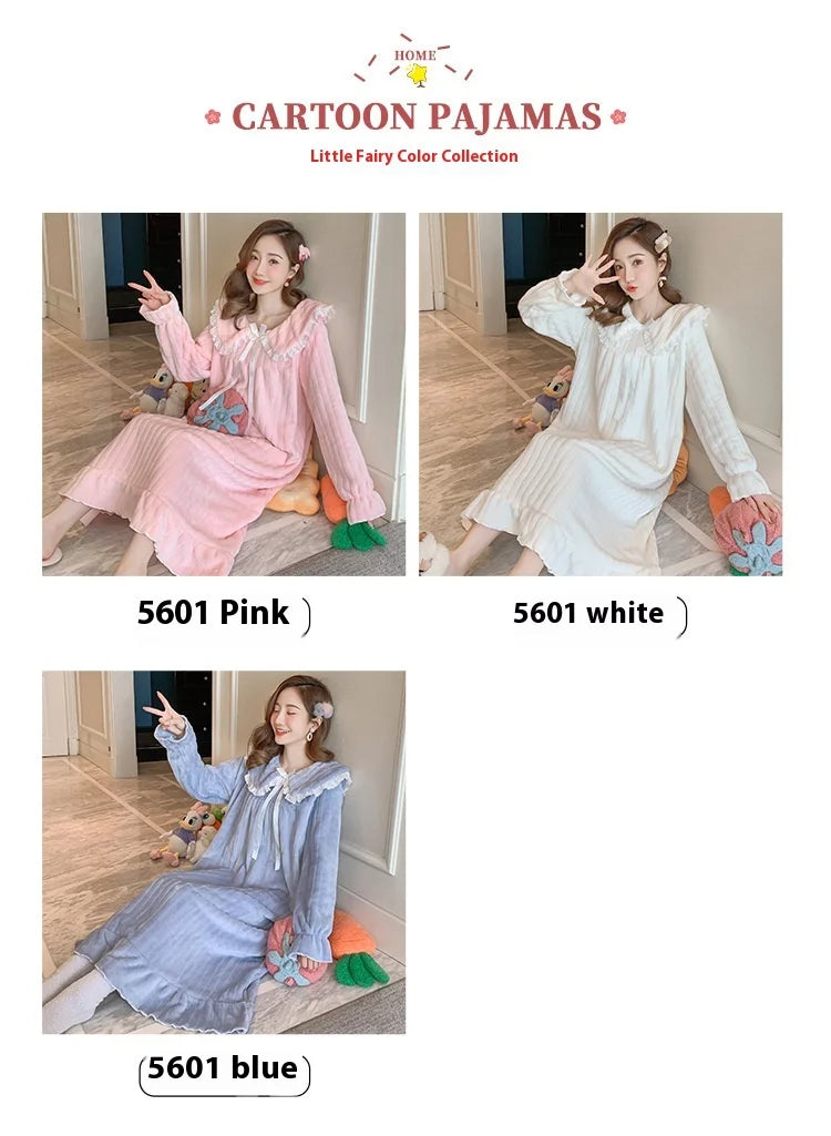 Womens Nightwear Nightdress Flannel Thickened Solid Colour Nightgown Doll Collar Student Warm Coral Velvet Ruffle Dress Robes Se