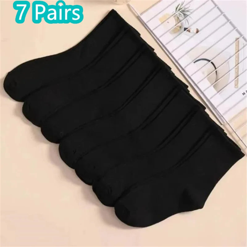 1/7/10/20 Pairs Mid Length Socks Women Classic Black White Solid Color Fashionable Casual Sports Absorbing Breathable Men Socks 7 Pair-2