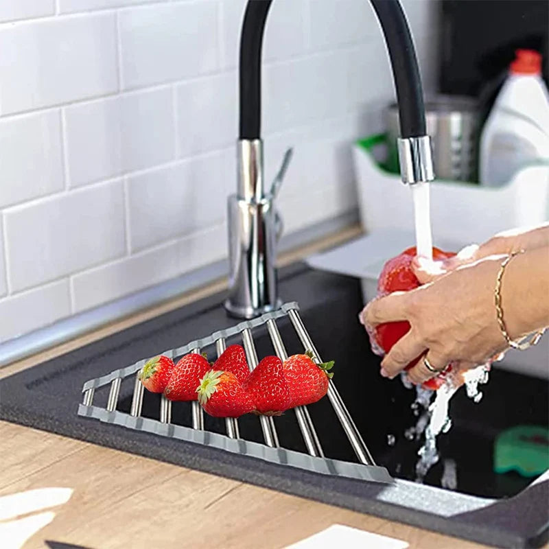 Roll-Up Corner Sink Rack for Draining and Kitchen Storage