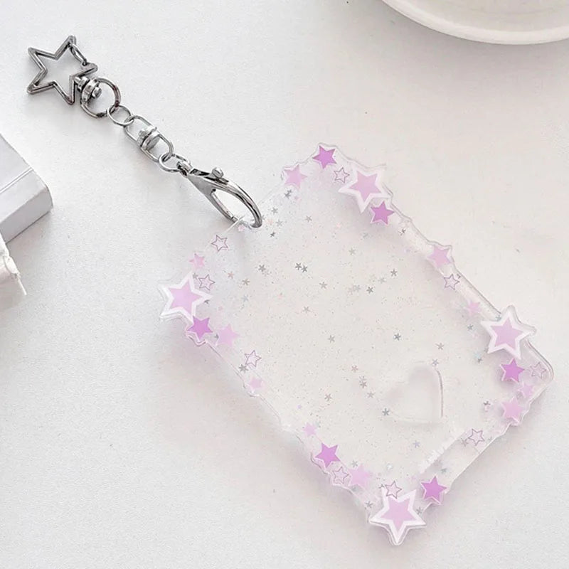 Kpop Photocard Holder with Star Border and Bag Charm Clip Purple