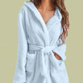 1 piece of women's solid color hooded robe with belt, cozy and warm fleece pajamas for home wear in autumn and winter.