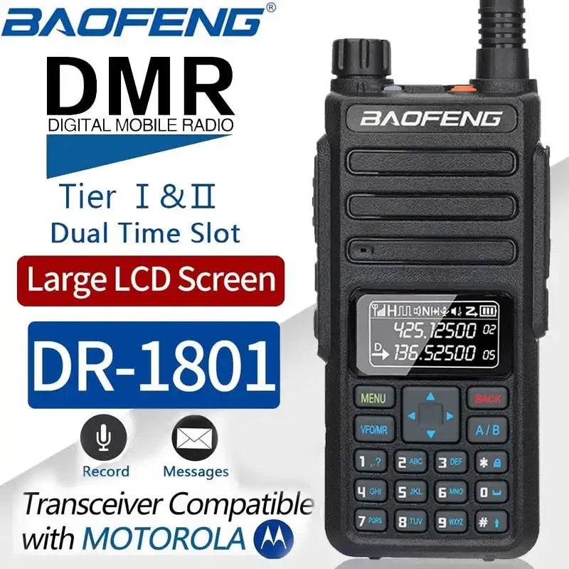 Baofeng DR‑1801 dual‑band DMR walkie‑talkie showing color LCD, rugged design, antenna attached