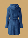 1 piece of women's solid color hooded robe with belt, cozy and warm fleece pajamas for home wear in autumn and winter.
