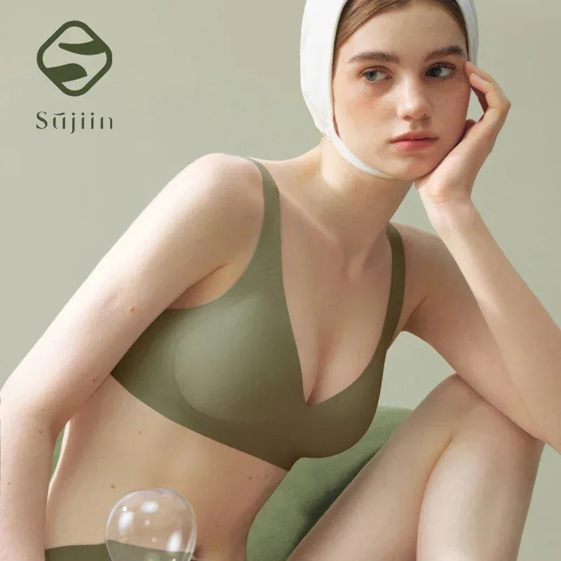 SUJIIN Push Up Seamless Supportive Bra for Women Wireless Deep V Plunge Thin Bras Anti-sagging 3A Antibacterial Bralettes MX074H