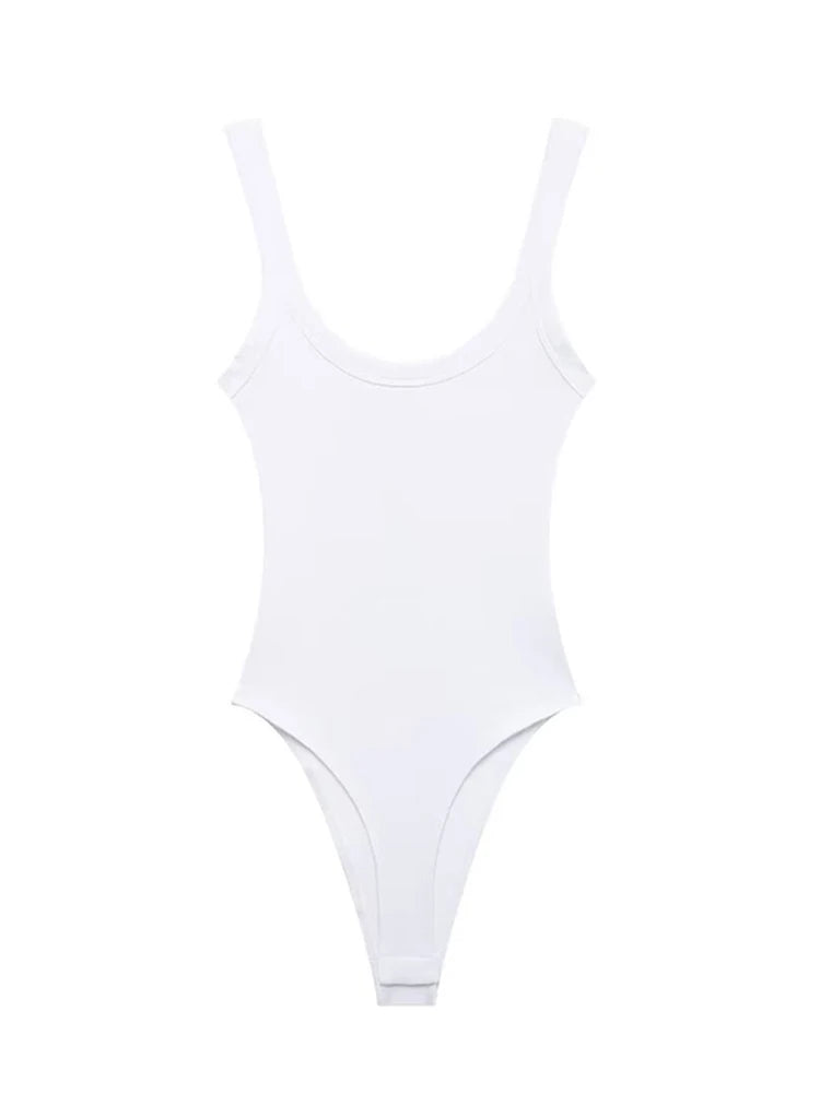 Women's Skinny Ribbed O-Neck Bodysuits with Straps Snap-Button Sexy Fashion Playsuits Comfortable Stretchy Female Clothing WHITE