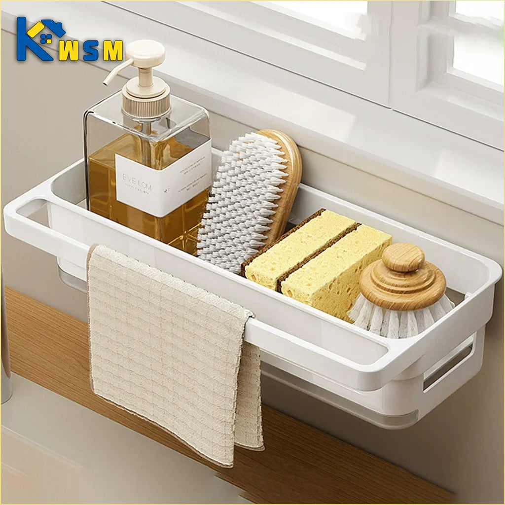 Sponge Holder for Kitchen Sink Wall Mount Sink Caddy with Drainage and Drip Tray Plastic Organizer for Countertop White