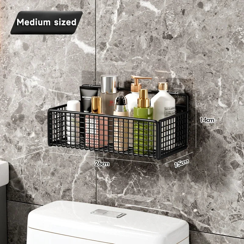 Bathroom Organiser Multifunctional Toiletries Organiser No-Punch Bathroom Shelf Bathroom Kitchen Wall Mount Storage Rack M-Black