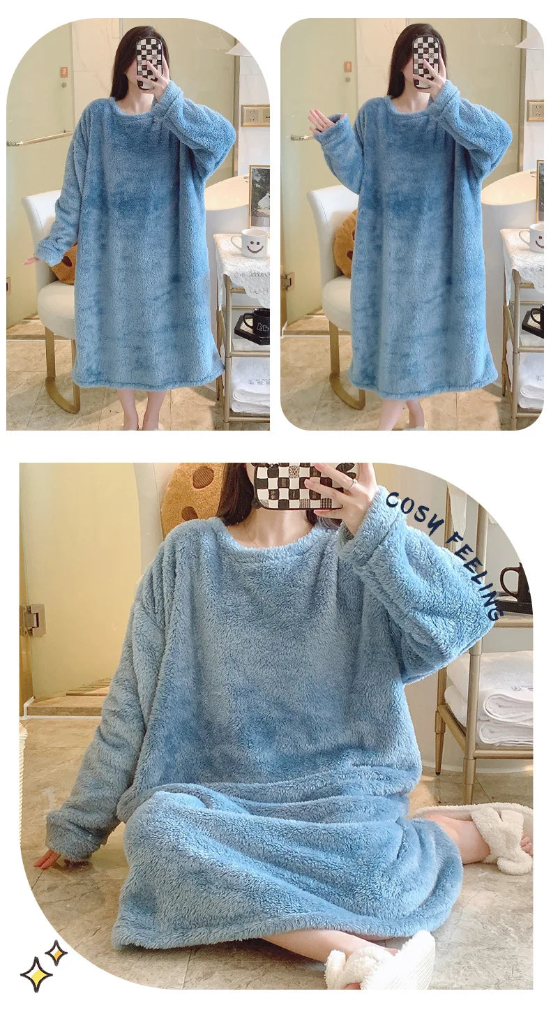Warm Fleece Nightgown Women's Loose Comfortable Home Clothes plus Size Solid Color Simple Design Sleepwear Casual Outerwear