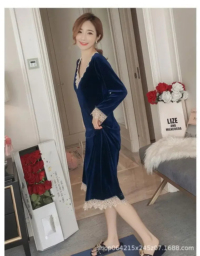 Plus Size 5XL Sleep Dress Women Winter Long Sleeve Sexy Luxury Velvet Spring Autumn Winter Style Korean Version Velvet Nightgown