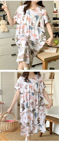 Sexy Nightwear Women Icy Floral Pattern Women Pajamas Dress Butterfly Print Student Sleepwear O- Neck Lace Mid-Length Nightgown