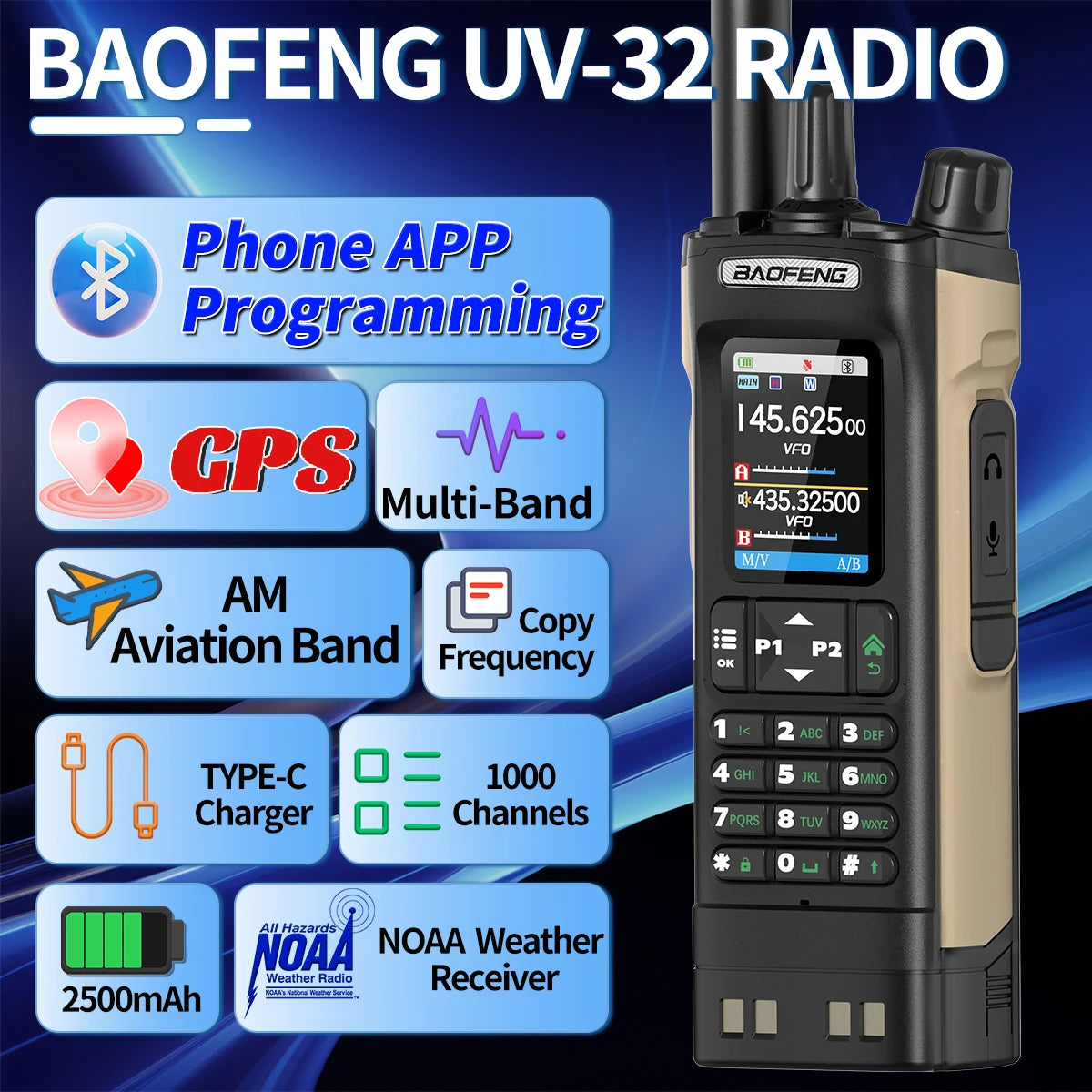 BAOFENG UV-32 10W Long Range GPS Bluetooth Walkie Talkie