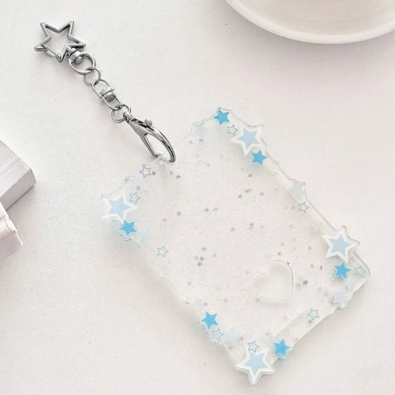 Kpop Photocard Holder with Star Border and Bag Charm Clip Blue