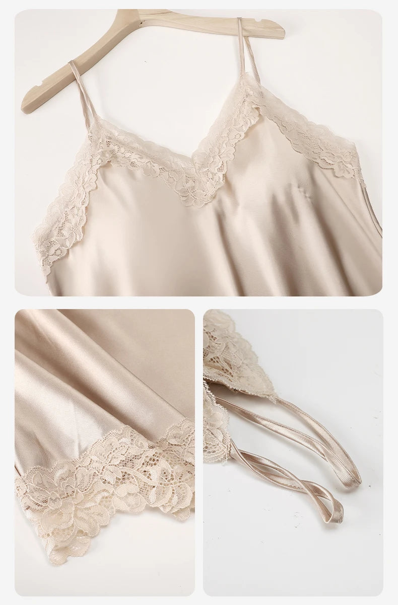 ElyraLux Women's Pajamas Dress Halter Sexy Nightgown Sleeveless Spaghetti Straps Woman Sleeping Cloths Lace Trim