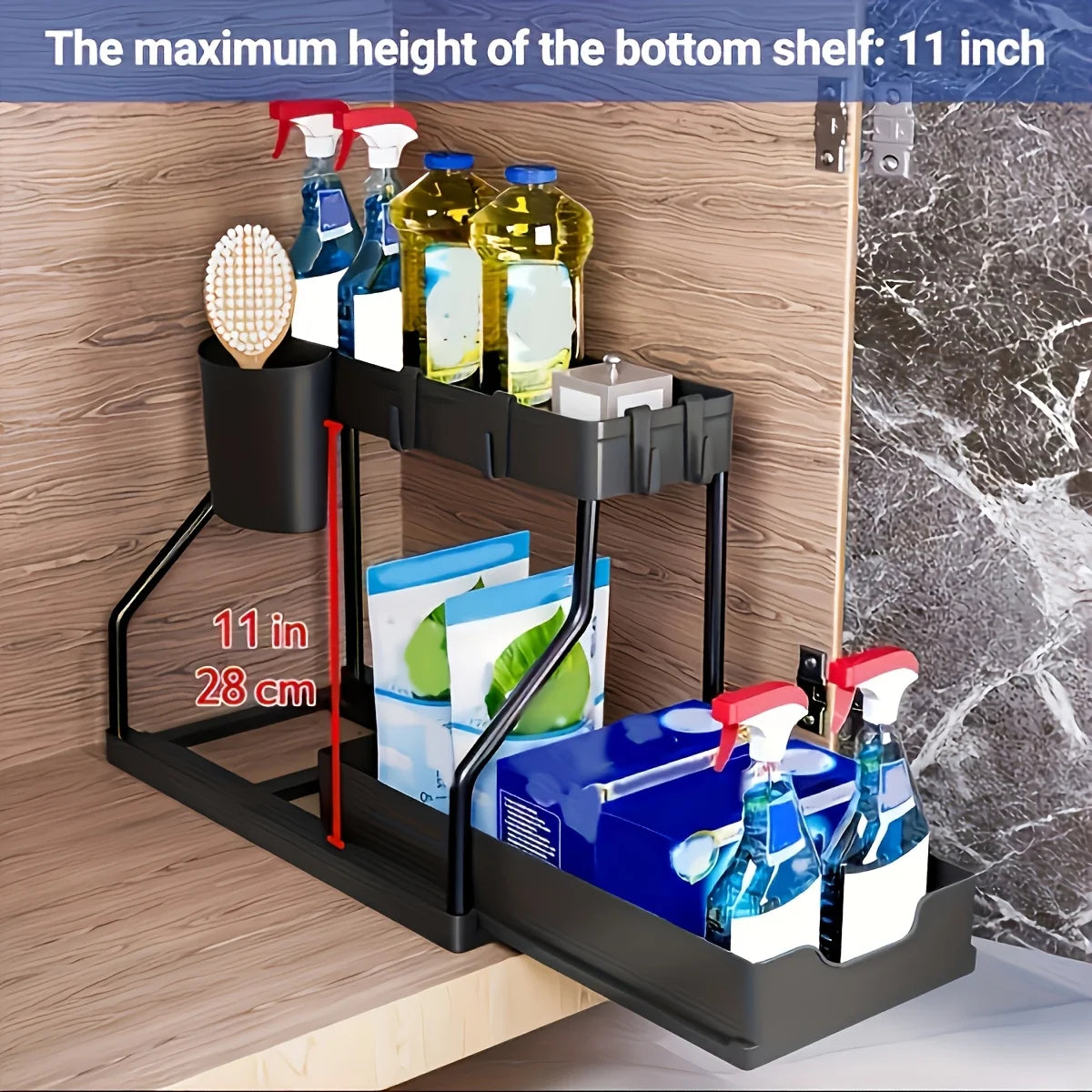 Space Saving 2 Tier Under Sink Organizer,Pull Out Storage Box Durable Large Capacity Kitchen Bathroom Essential Drawer Organizer Black B